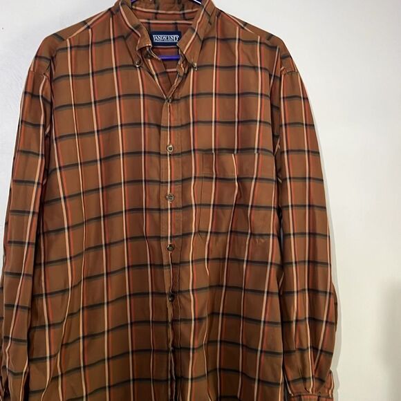 Lands End Men's Size LT Red/Brown/Green Plaid Long Sleeve Button Down Shirt - Picture 1 of 10